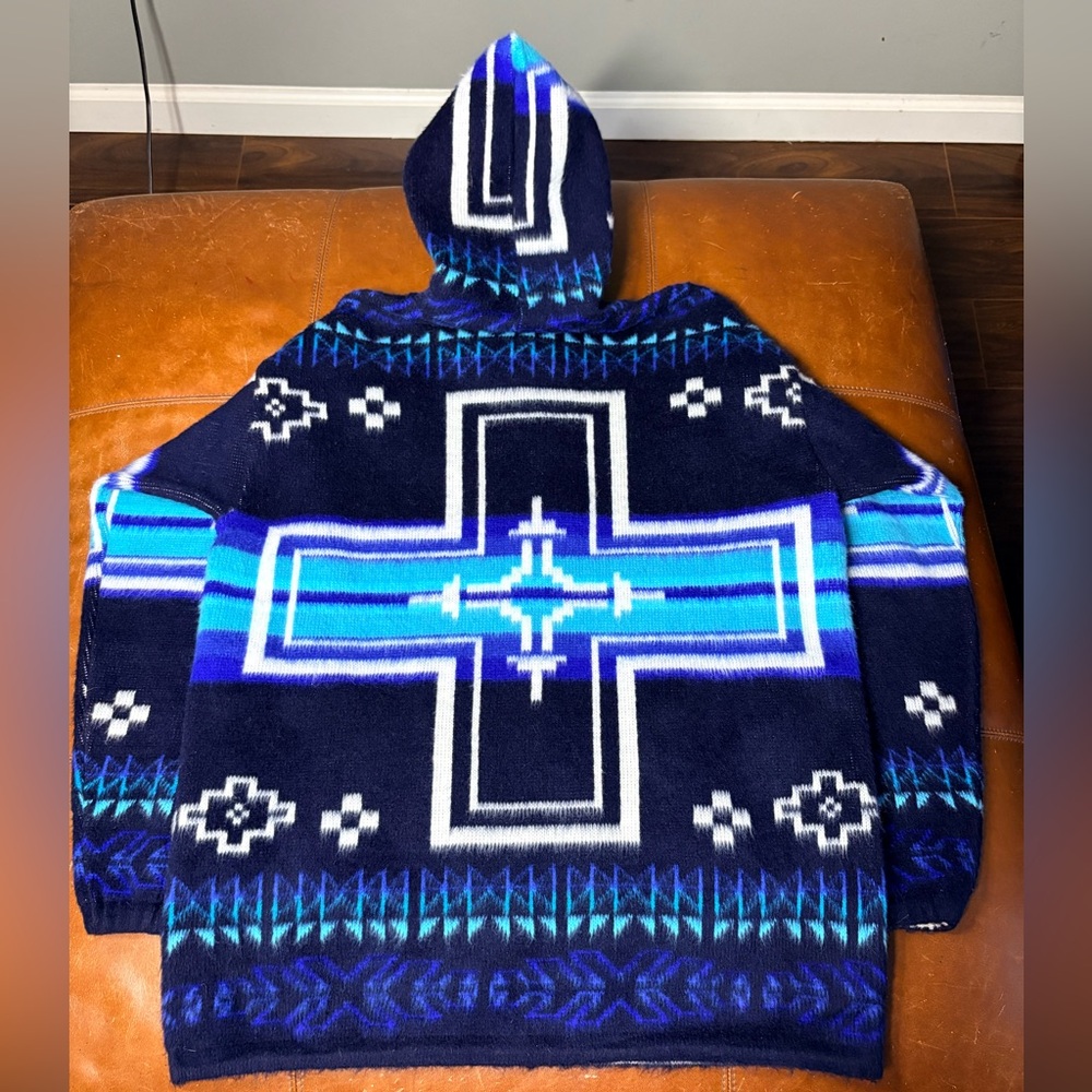 Vintage EARTH RAGZ Blue Wool Blend Aztec Pattern Hooded Jacket